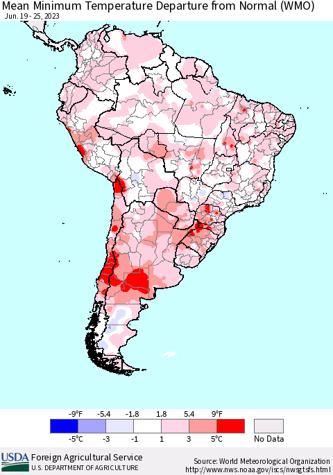 South America Mean Minimum Temperature Departure from Normal (WMO) Thematic Map For 6/19/2023 - 6/25/2023