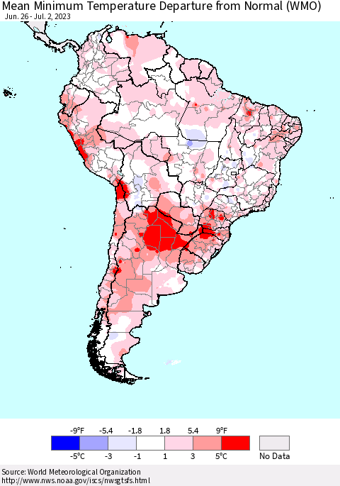 South America Mean Minimum Temperature Departure from Normal (WMO) Thematic Map For 6/26/2023 - 7/2/2023