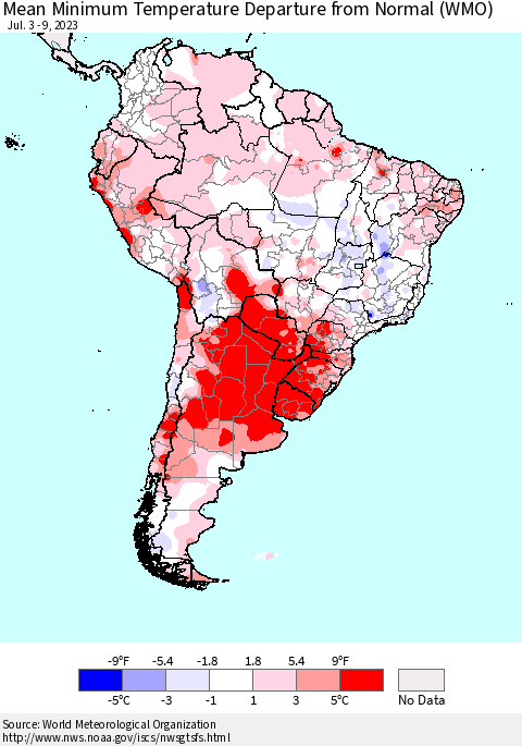 South America Mean Minimum Temperature Departure from Normal (WMO) Thematic Map For 7/3/2023 - 7/9/2023