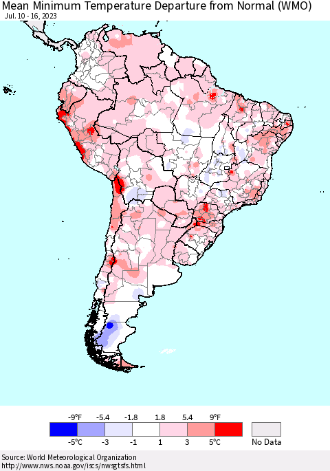South America Mean Minimum Temperature Departure from Normal (WMO) Thematic Map For 7/10/2023 - 7/16/2023