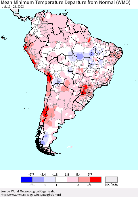 South America Mean Minimum Temperature Departure from Normal (WMO) Thematic Map For 7/17/2023 - 7/23/2023