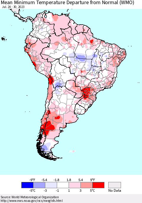 South America Mean Minimum Temperature Departure from Normal (WMO) Thematic Map For 7/24/2023 - 7/30/2023