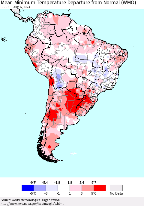 South America Mean Minimum Temperature Departure from Normal (WMO) Thematic Map For 7/31/2023 - 8/6/2023