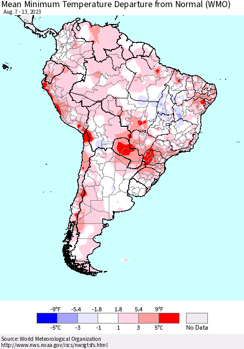 South America Mean Minimum Temperature Departure from Normal (WMO) Thematic Map For 8/7/2023 - 8/13/2023