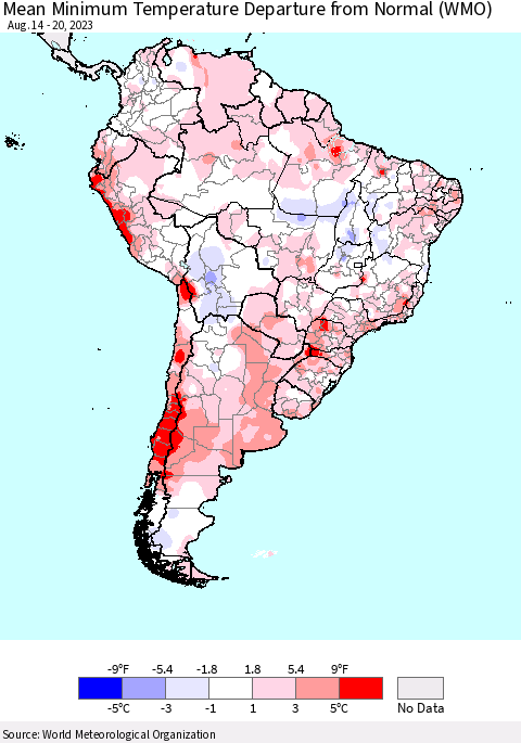 South America Mean Minimum Temperature Departure from Normal (WMO) Thematic Map For 8/14/2023 - 8/20/2023