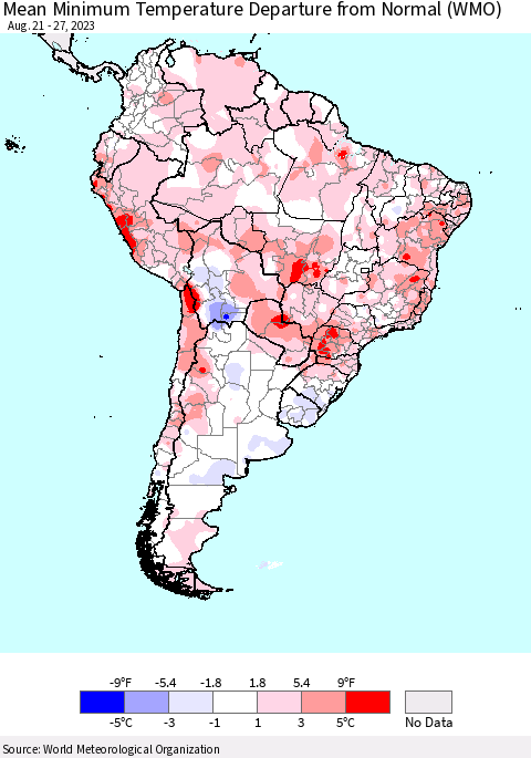 South America Mean Minimum Temperature Departure from Normal (WMO) Thematic Map For 8/21/2023 - 8/27/2023