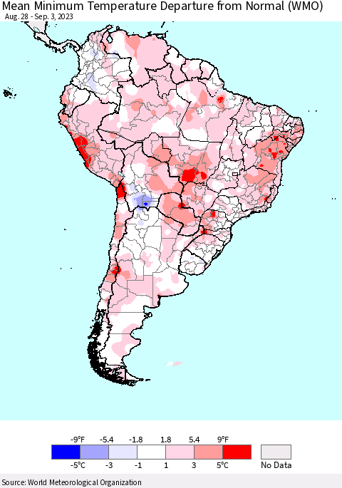 South America Mean Minimum Temperature Departure from Normal (WMO) Thematic Map For 8/28/2023 - 9/3/2023