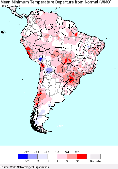 South America Mean Minimum Temperature Departure from Normal (WMO) Thematic Map For 9/4/2023 - 9/10/2023