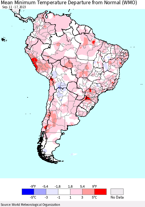 South America Mean Minimum Temperature Departure from Normal (WMO) Thematic Map For 9/11/2023 - 9/17/2023