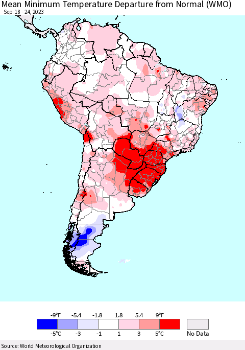 South America Mean Minimum Temperature Departure from Normal (WMO) Thematic Map For 9/18/2023 - 9/24/2023