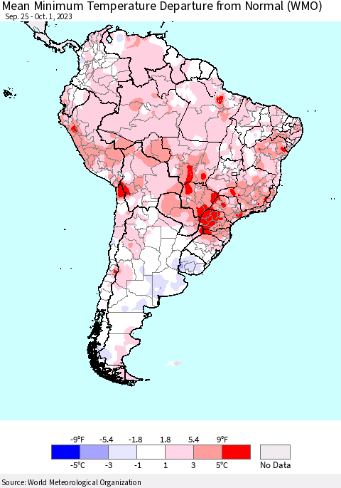 South America Mean Minimum Temperature Departure from Normal (WMO) Thematic Map For 9/25/2023 - 10/1/2023