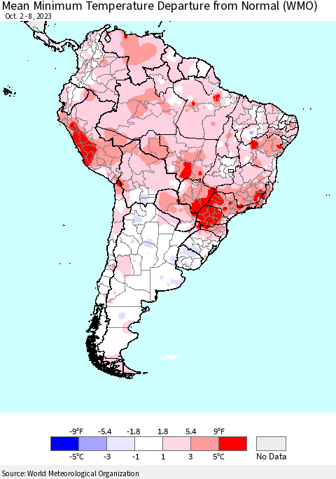 South America Mean Minimum Temperature Departure from Normal (WMO) Thematic Map For 10/2/2023 - 10/8/2023
