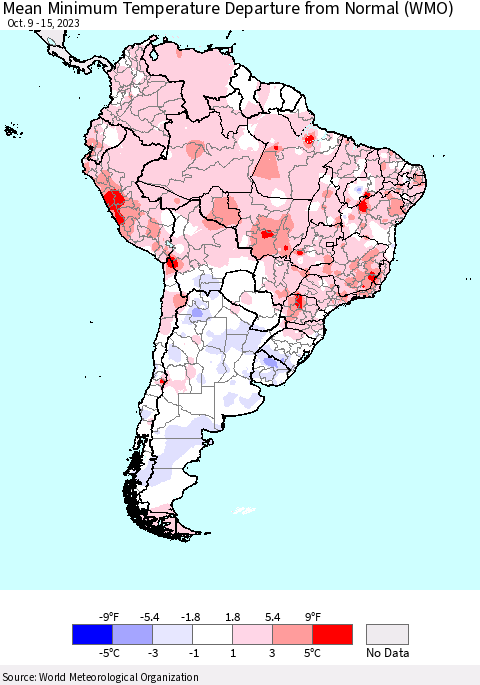 South America Mean Minimum Temperature Departure from Normal (WMO) Thematic Map For 10/9/2023 - 10/15/2023
