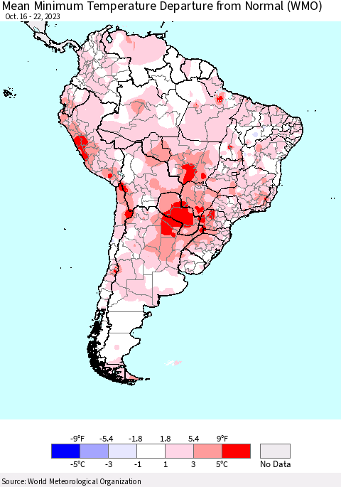 South America Mean Minimum Temperature Departure from Normal (WMO) Thematic Map For 10/16/2023 - 10/22/2023