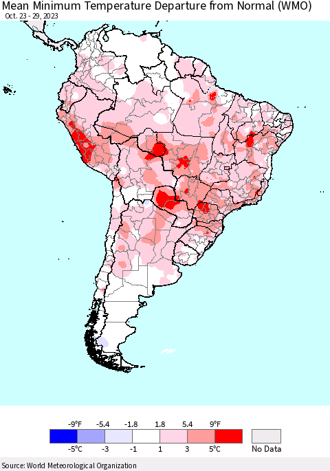 South America Mean Minimum Temperature Departure from Normal (WMO) Thematic Map For 10/23/2023 - 10/29/2023