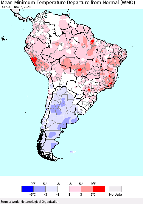 South America Mean Minimum Temperature Departure from Normal (WMO) Thematic Map For 10/30/2023 - 11/5/2023