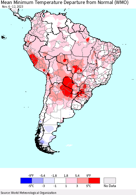 South America Mean Minimum Temperature Departure from Normal (WMO) Thematic Map For 11/6/2023 - 11/12/2023