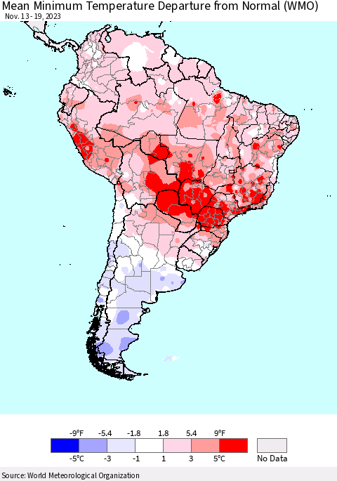 South America Mean Minimum Temperature Departure from Normal (WMO) Thematic Map For 11/13/2023 - 11/19/2023