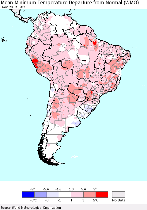 South America Mean Minimum Temperature Departure from Normal (WMO) Thematic Map For 11/20/2023 - 11/26/2023