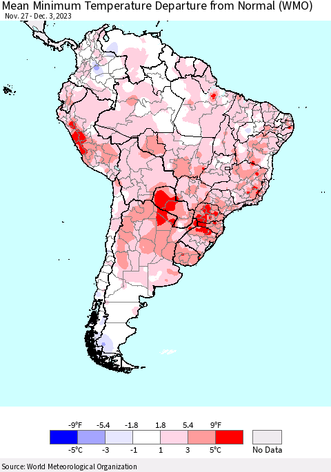 South America Mean Minimum Temperature Departure from Normal (WMO) Thematic Map For 11/27/2023 - 12/3/2023