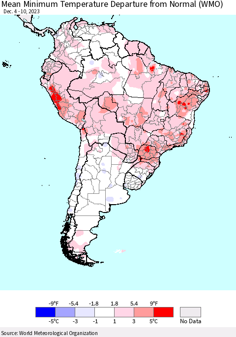 South America Mean Minimum Temperature Departure from Normal (WMO) Thematic Map For 12/4/2023 - 12/10/2023
