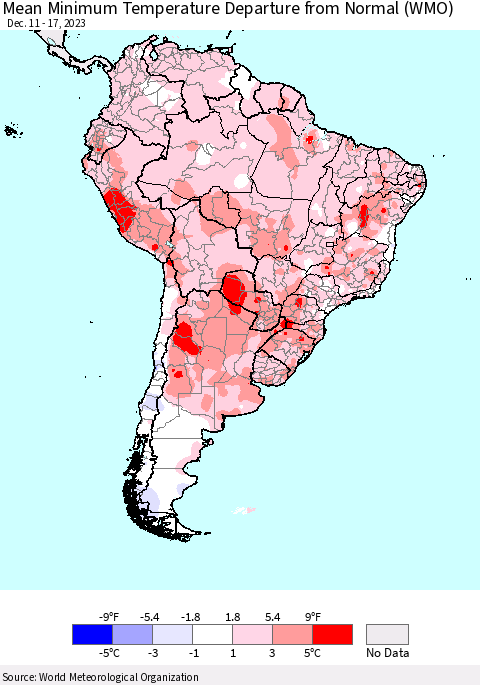 South America Mean Minimum Temperature Departure from Normal (WMO) Thematic Map For 12/11/2023 - 12/17/2023