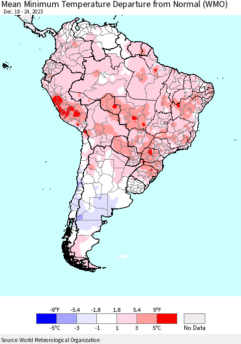 South America Mean Minimum Temperature Departure from Normal (WMO) Thematic Map For 12/18/2023 - 12/24/2023