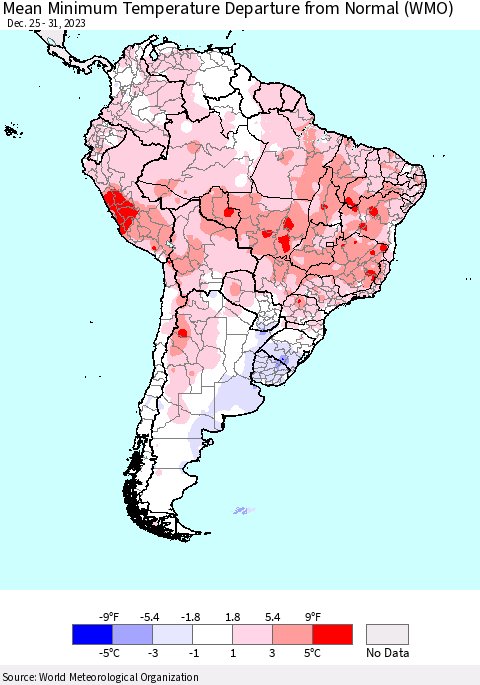 South America Mean Minimum Temperature Departure from Normal (WMO) Thematic Map For 12/25/2023 - 12/31/2023