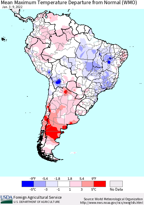 South America Mean Maximum Temperature Departure from Normal (WMO) Thematic Map For 1/3/2022 - 1/9/2022