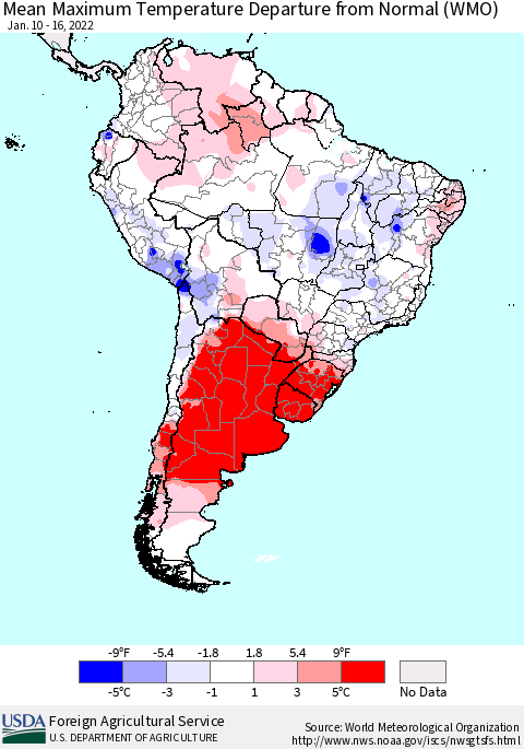 South America Mean Maximum Temperature Departure from Normal (WMO) Thematic Map For 1/10/2022 - 1/16/2022