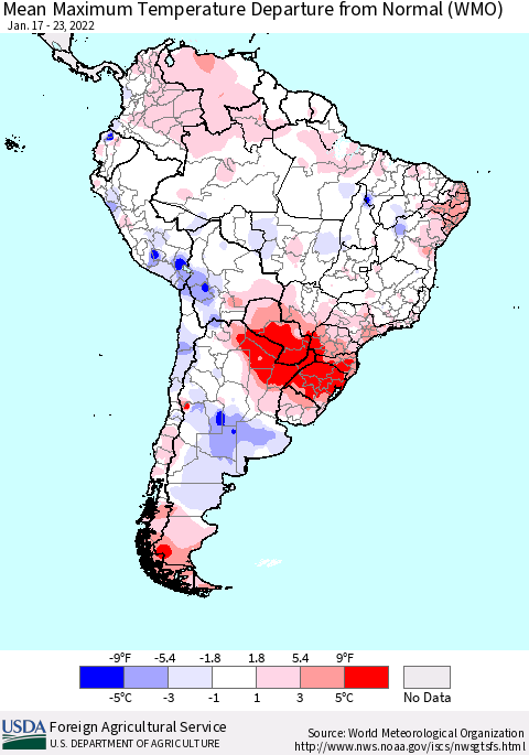 South America Mean Maximum Temperature Departure from Normal (WMO) Thematic Map For 1/17/2022 - 1/23/2022