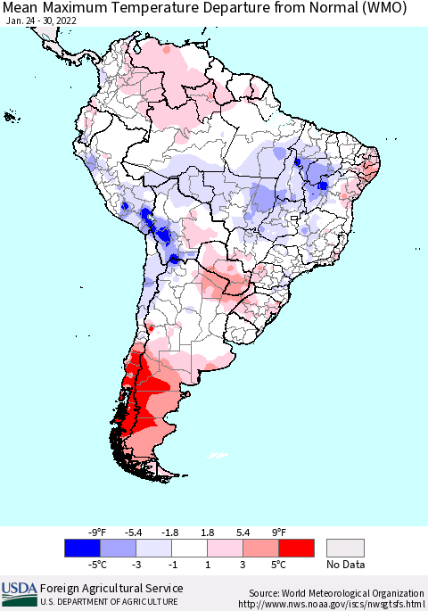 South America Mean Maximum Temperature Departure from Normal (WMO) Thematic Map For 1/24/2022 - 1/30/2022