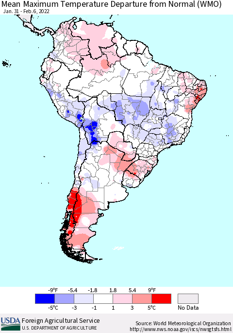 South America Mean Maximum Temperature Departure from Normal (WMO) Thematic Map For 1/31/2022 - 2/6/2022