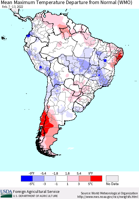 South America Mean Maximum Temperature Departure from Normal (WMO) Thematic Map For 2/7/2022 - 2/13/2022