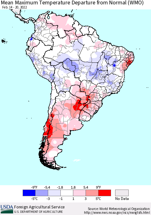South America Mean Maximum Temperature Departure from Normal (WMO) Thematic Map For 2/14/2022 - 2/20/2022
