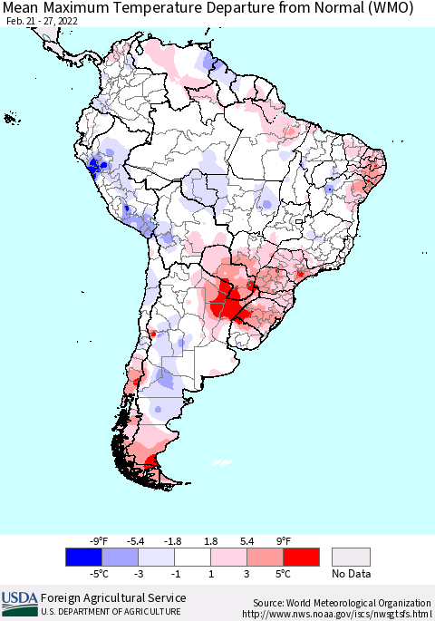 South America Mean Maximum Temperature Departure from Normal (WMO) Thematic Map For 2/21/2022 - 2/27/2022