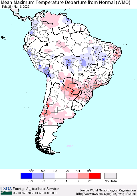 South America Mean Maximum Temperature Departure from Normal (WMO) Thematic Map For 2/28/2022 - 3/6/2022