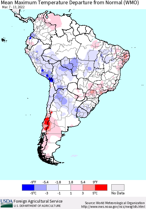 South America Mean Maximum Temperature Departure from Normal (WMO) Thematic Map For 3/7/2022 - 3/13/2022