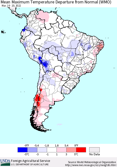 South America Mean Maximum Temperature Departure from Normal (WMO) Thematic Map For 3/14/2022 - 3/20/2022