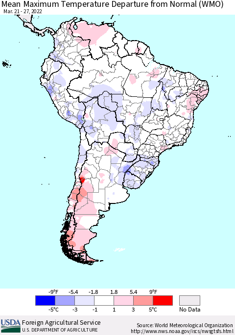 South America Mean Maximum Temperature Departure from Normal (WMO) Thematic Map For 3/21/2022 - 3/27/2022