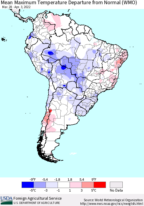 South America Mean Maximum Temperature Departure from Normal (WMO) Thematic Map For 3/28/2022 - 4/3/2022