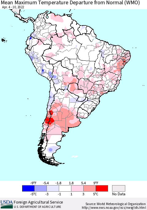 South America Mean Maximum Temperature Departure from Normal (WMO) Thematic Map For 4/4/2022 - 4/10/2022