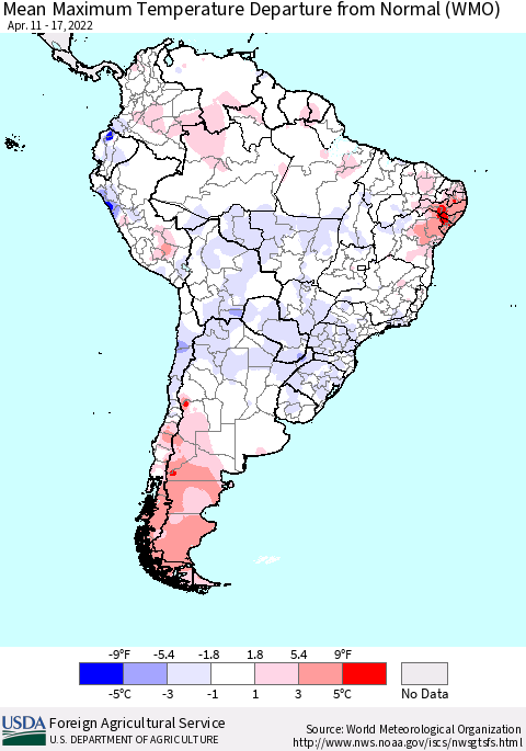 South America Mean Maximum Temperature Departure from Normal (WMO) Thematic Map For 4/11/2022 - 4/17/2022