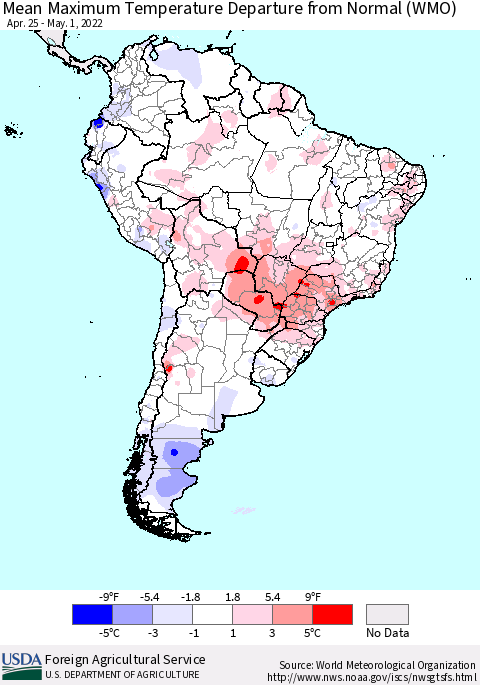 South America Mean Maximum Temperature Departure from Normal (WMO) Thematic Map For 4/25/2022 - 5/1/2022