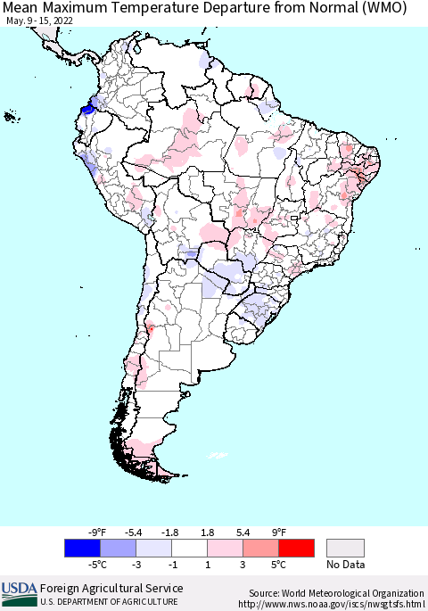 South America Mean Maximum Temperature Departure from Normal (WMO) Thematic Map For 5/9/2022 - 5/15/2022