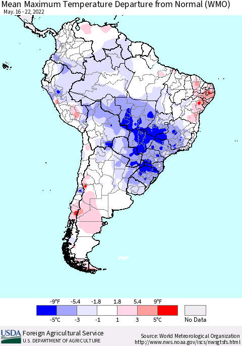 South America Mean Maximum Temperature Departure from Normal (WMO) Thematic Map For 5/16/2022 - 5/22/2022