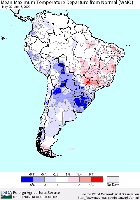 South America Mean Maximum Temperature Departure from Normal (WMO) Thematic Map For 5/30/2022 - 6/5/2022