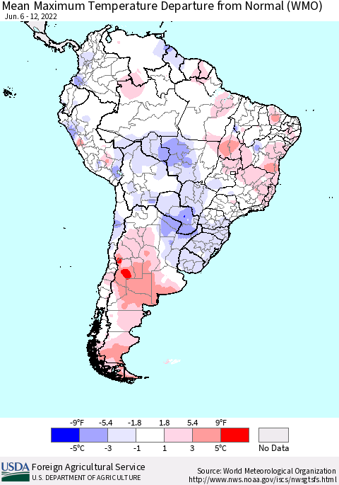 South America Mean Maximum Temperature Departure from Normal (WMO) Thematic Map For 6/6/2022 - 6/12/2022