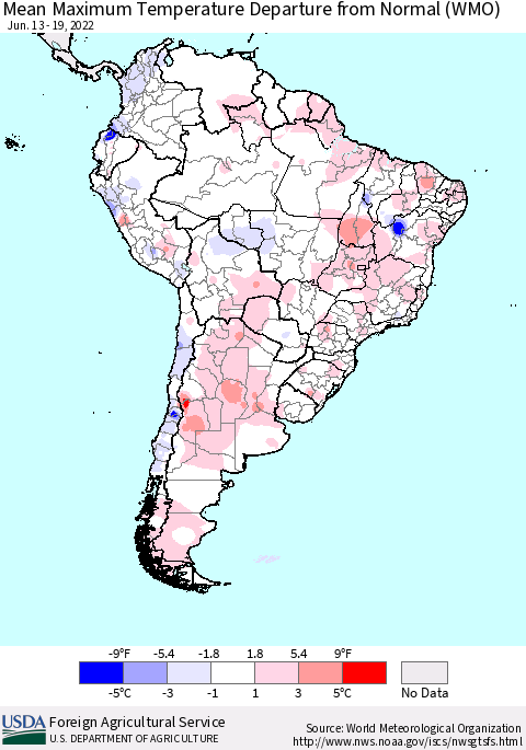 South America Mean Maximum Temperature Departure from Normal (WMO) Thematic Map For 6/13/2022 - 6/19/2022