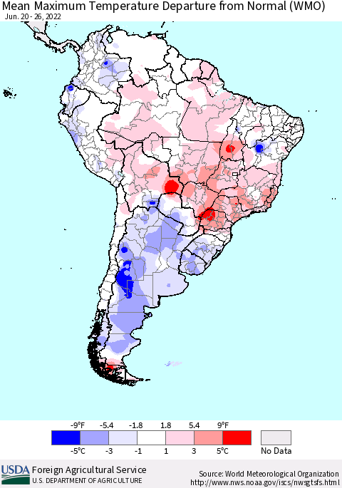 South America Mean Maximum Temperature Departure from Normal (WMO) Thematic Map For 6/20/2022 - 6/26/2022
